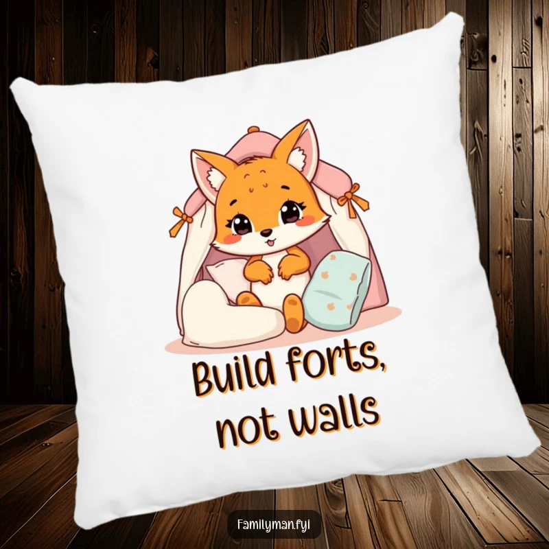 Funny fox cub pillow, a cheerful animal building a fort out of plush pillows, creating a cozy dreamscape.