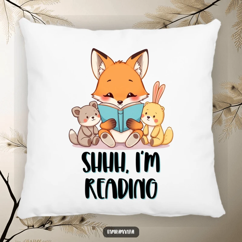 Funny pillow featuring a curious fox character reading a book to a group of attentive stuffed animals, offering comfort and a touch of playful storytelling.