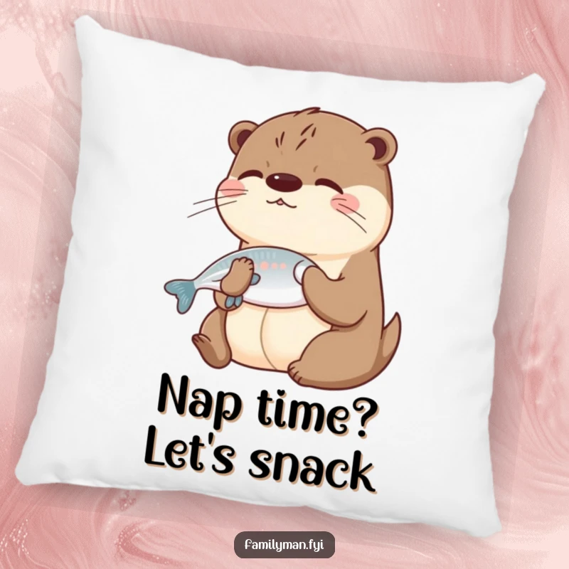 Funny Otter Pillow showing a playful otter sharing a fish, providing humorous comfort and decor.