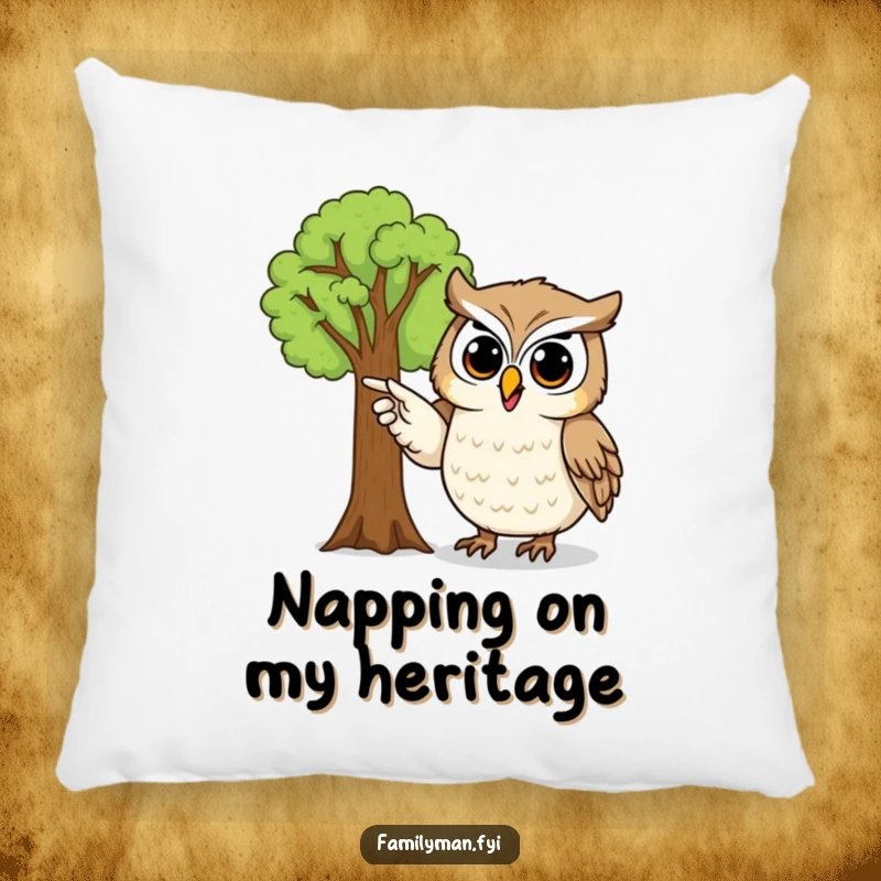 Funny owl pillow with a proud owl character pointing to a detailed family tree, symbolizing wisdom and ancestral connections.