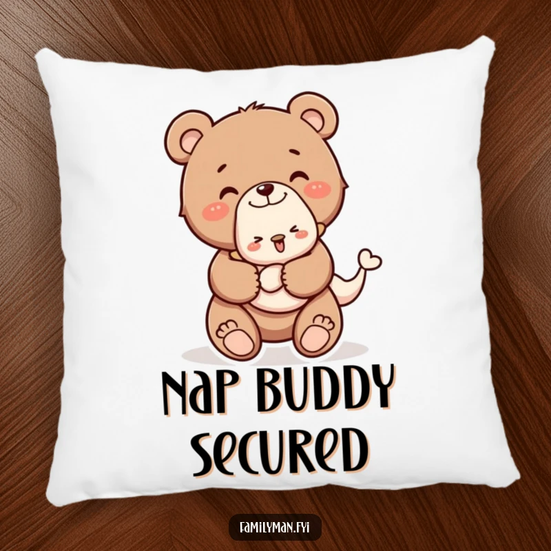 Funny pillow featuring a happy bear cub giving a baby animal a piggyback ride, offering comfort and adorable companionship.