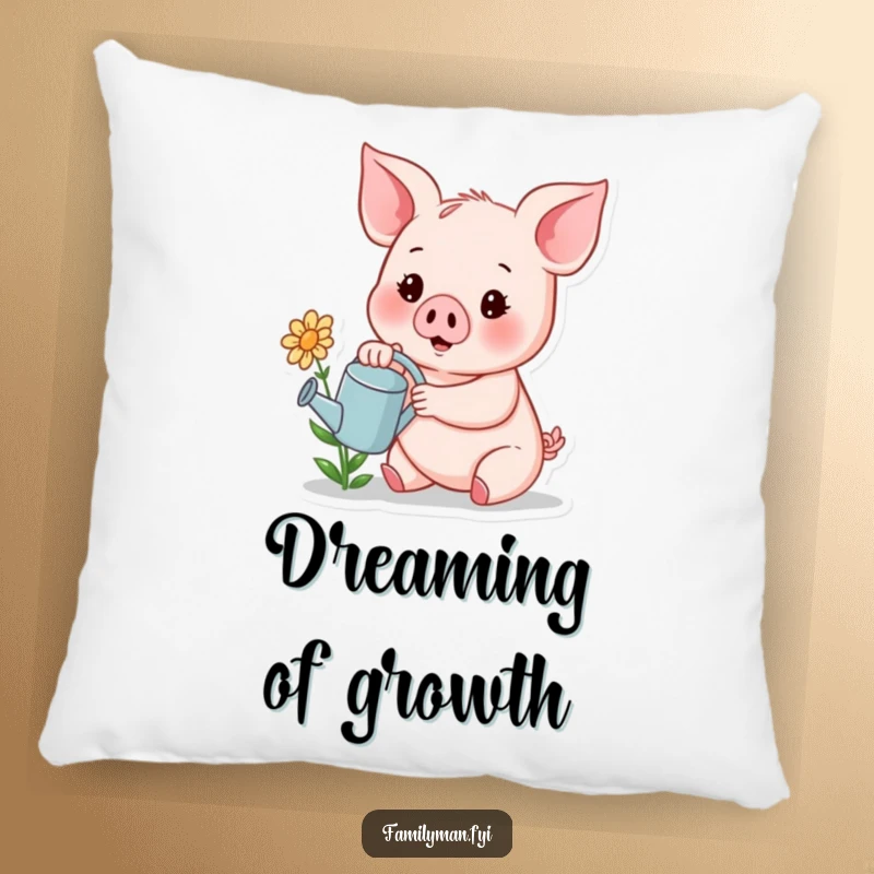 Funny pillow with a cheerful piglet holding a tiny watering can, tending to a small, smiling flower with affection.