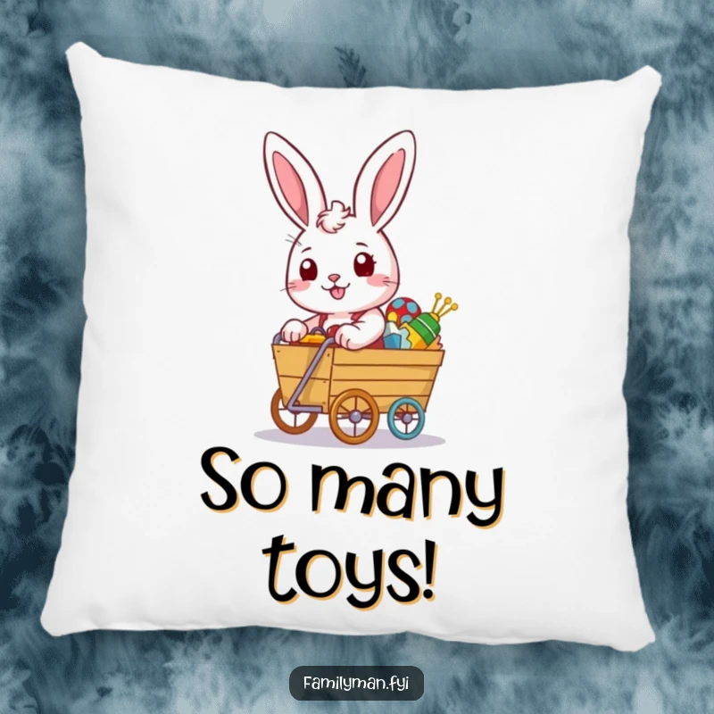 Funny rabbit pillow with a determined look pushing an overflowing toy cart, soft and humorous decorative accent.