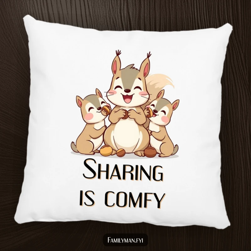 Funny squirrel pillow, a delighted squirrel sharing nuts with friends, symbolizing comfort, generosity, and humor.