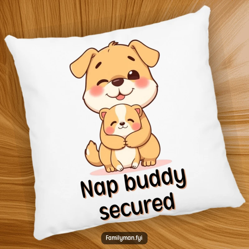 Funny pillow featuring a cheerful dog character giving a heartwarming hug to a smaller animal.