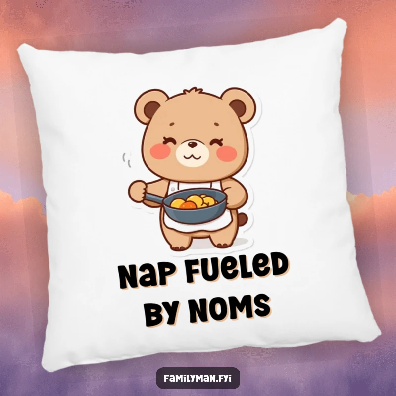 Funny cute bear character in apron, holding a frying pan with food, on a soft decorative pillow.