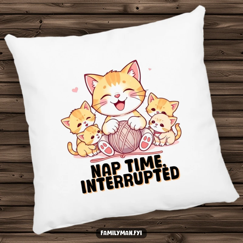 Funny pillow featuring a joyful cat character playing with a ball of yarn, surrounded by playful kittens, offering comfort and a touch of feline fun.