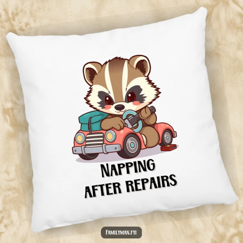 Funny badger pillow, a determined badger fixing a broken toy car with a small wrench. Cozy and cute.