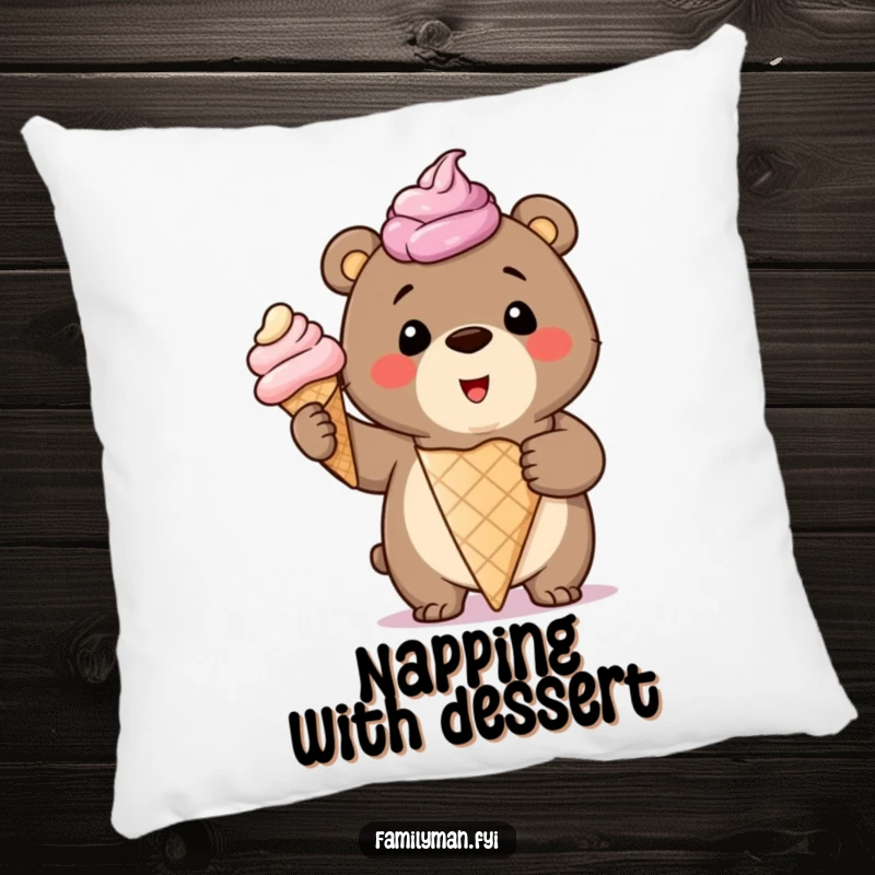 Funny Pillow with a smiling bear cub proudly holding a giant, overflowing ice cream cone, adding cozy sweetness.