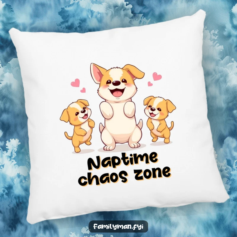 Funny pillow featuring a happy dog juggling three playful puppies, offering soft comfort and a dose of canine humor.