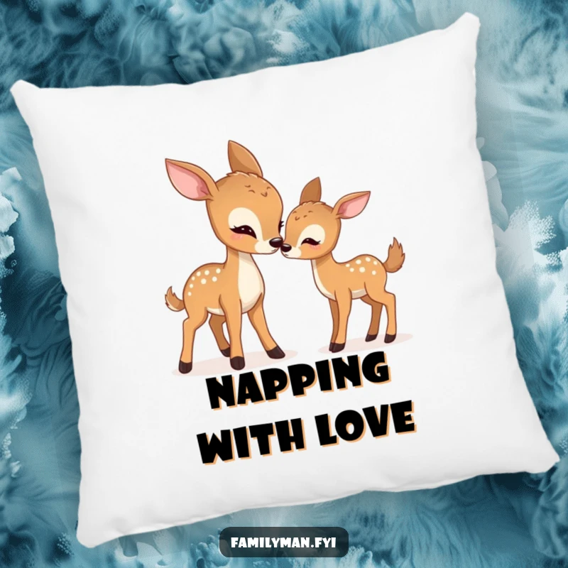 Funny deer pillow showing a mother deer playfully nudging her fawn, offering comfort and humorous charm.