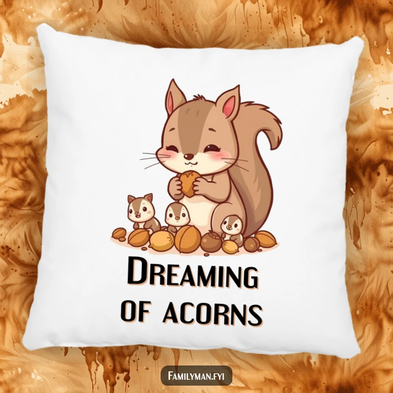 Funny squirrel pillow showing a parent squirrel gathering nuts with its children, offering comfort and humorous family charm.