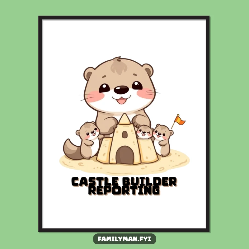 Funny Otter Sandcastle Digital Art: Cheerful Family Beach Scene for Instant Decor Gift