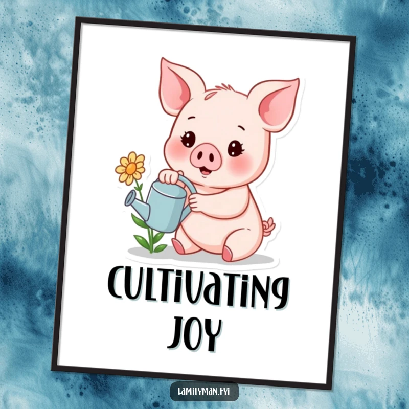 Funny digital art print of a cheerful piglet holding a tiny watering can, tending to a small, smiling flower.