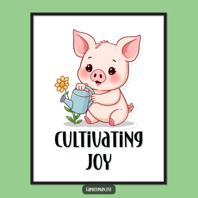 Funny Piglet Watering Flower Digital Art - Instant Cheerful Garden Gift