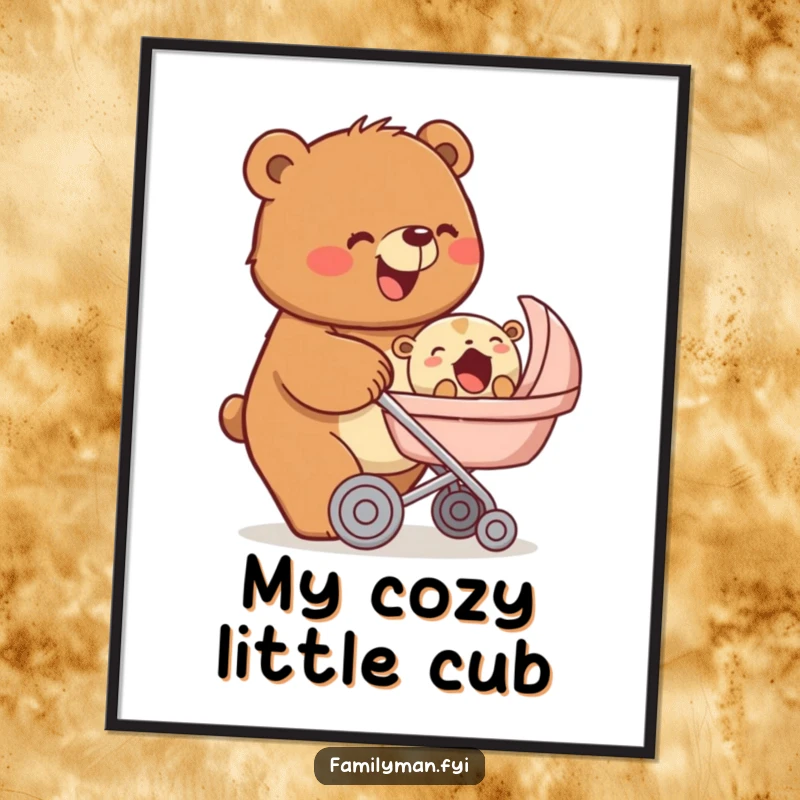 Funny digital art print of a beaming bear pushing a stroller with a yawning baby animal, capturing the essence of loving parenthood, a printable funny gift.