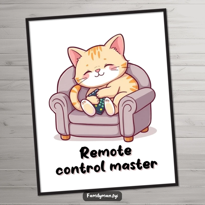 Funny digital art of a content cat lounging on a miniature couch with a TV remote.