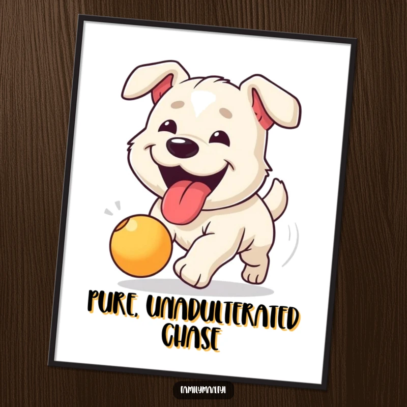 Funny digital art print of a happy dog with tongue lolling out, enthusiastically chasing a bouncing ball.