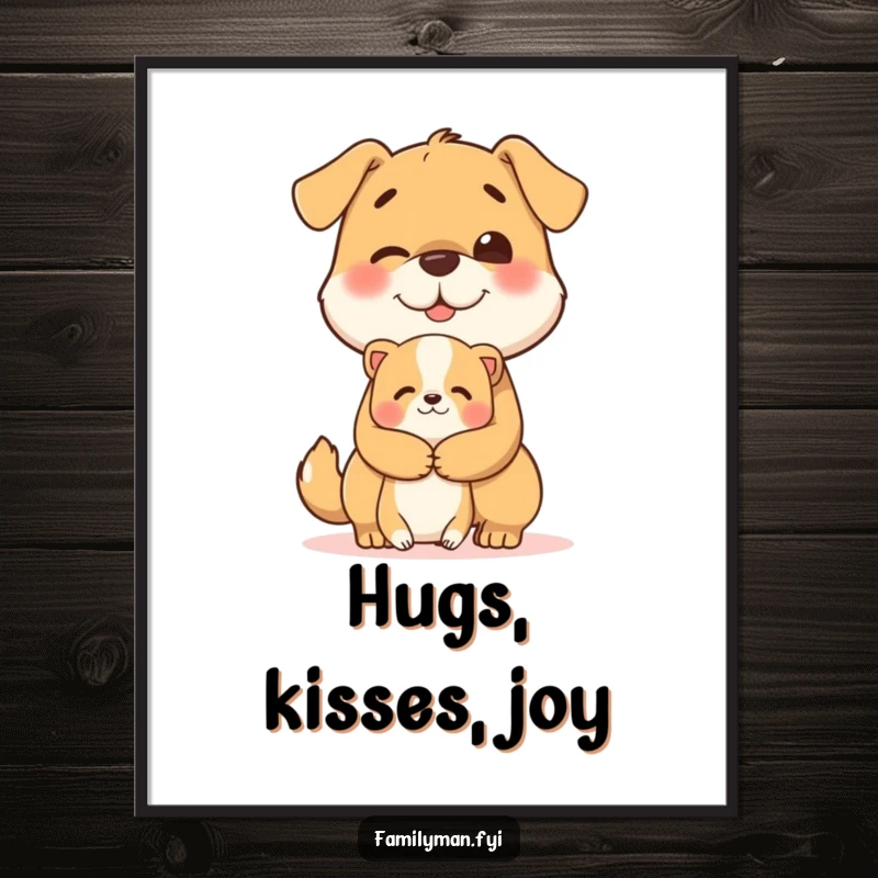 Funny digital art print of a cheerful dog character giving a heartwarming hug to a smaller animal.