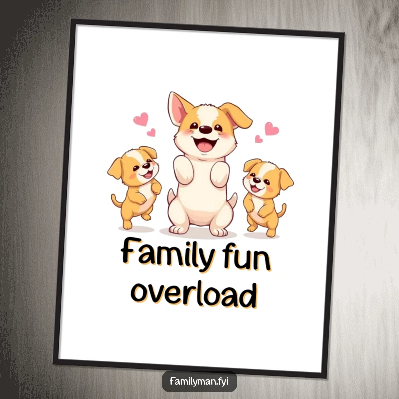 Funny digital art print of a happy dog juggling three playful puppies, capturing adorable canine chaos.