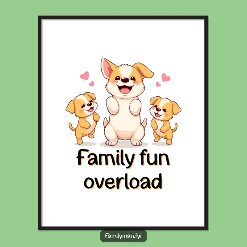 Funny Dog Juggling Puppies Digital Art: Happy Canine Chaos, Print Instantly