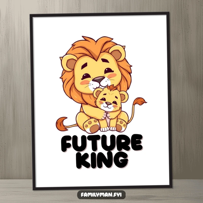 Funny digital art print of a proud lion embracing a small cub, embodying power, love, and the majesty of nature.