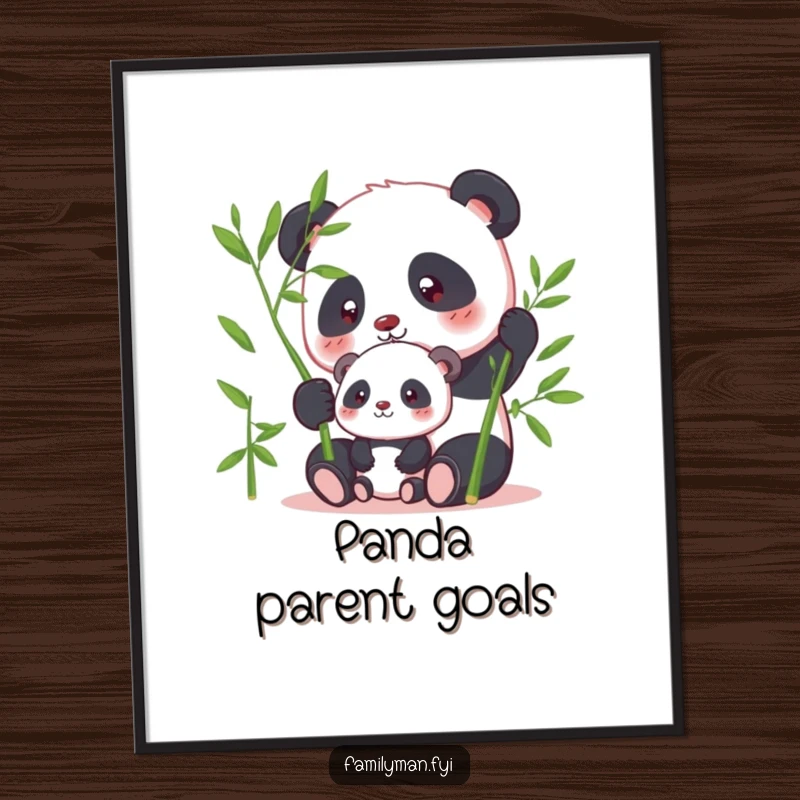 Funny panda digital art print showing a parent panda sharing bamboo with its offspring, humorous and serene artwork.