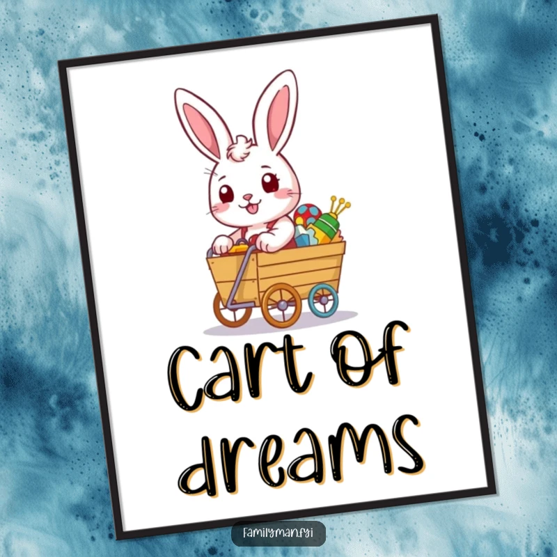 Funny rabbit digital art print with a determined look pushing an overflowing toy cart, downloadable humor for collectors.