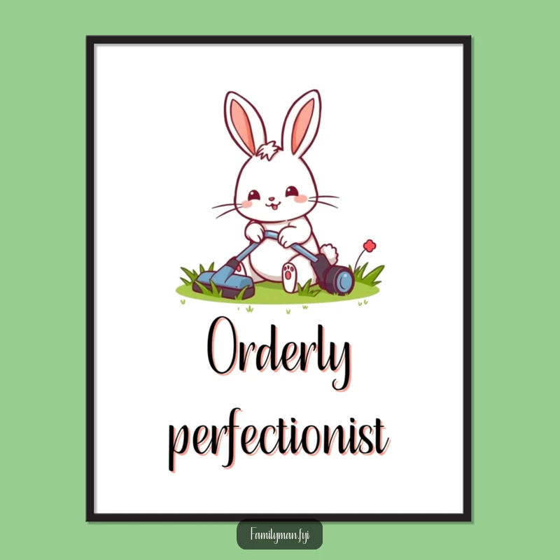 Funny Rabbit Mowing Digital Art: Cheerful Gardener, Tidy Lawn Print