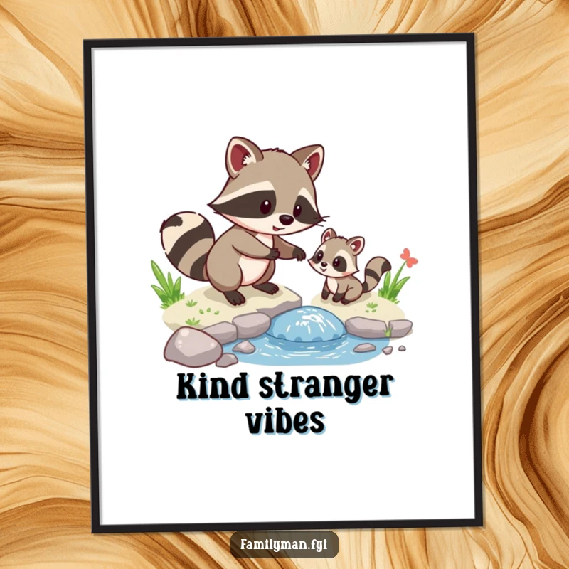 Funny Raccoon Helper Digital Art Print showing a raccoon helping a small animal cross a stream, offering instant cute humor.