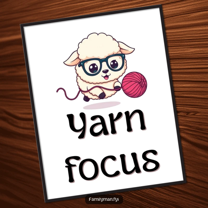 Funny Digital Art Print of a fluffy sheep dog in oversized glasses chasing a bouncing yarn ball, ideal for playful decor.