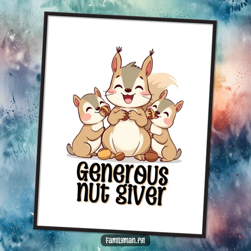 Funny squirrel digital art print, a squirrel sharing nuts with friends, ideal for printable, humorous wall decor.