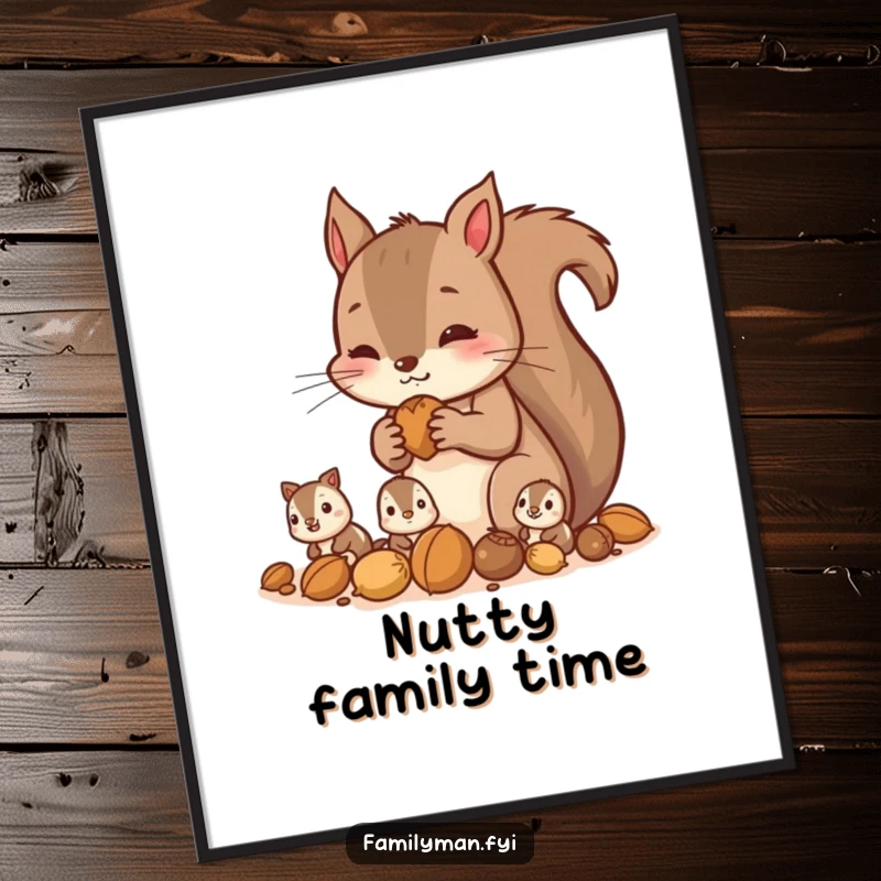 Funny squirrel digital art print showing a parent squirrel gathering nuts with its children, humorous family artwork.