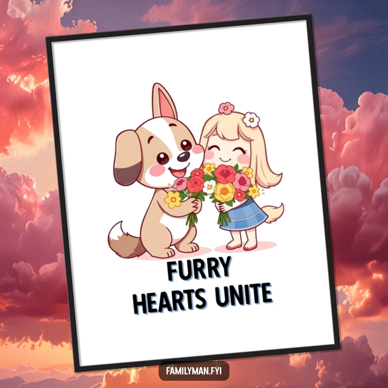 Funny happy dog character giving flowers with a smile, as a digital art print.