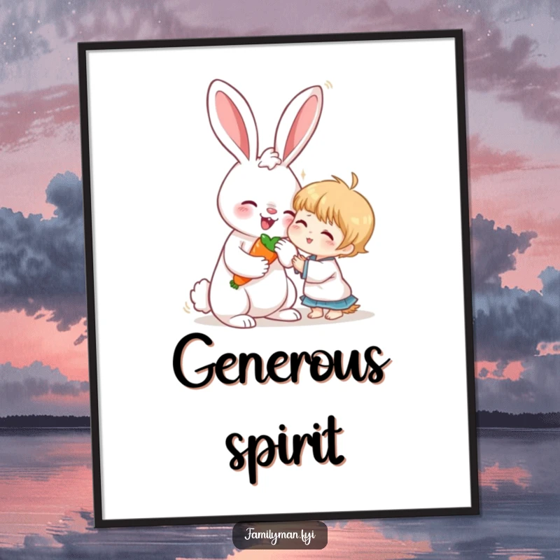 Funny digital art print of a loving rabbit sharing a carrot with a child, embodying wholesomeness, kindness, and gentle friendship.
