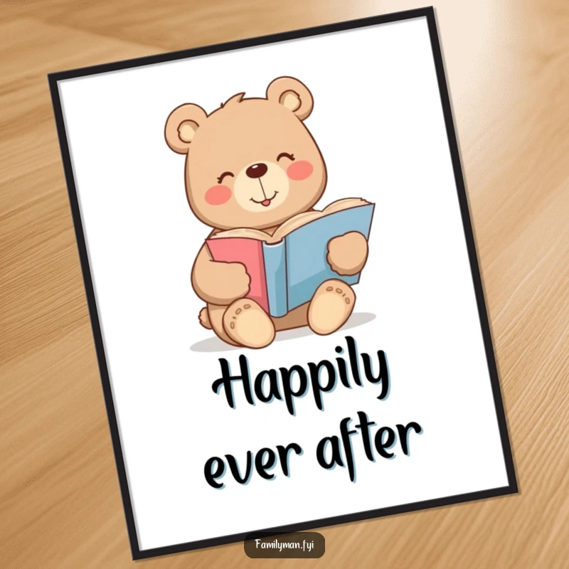 Funny bear digital art print with a warm smile contentedly reading a large storybook, downloadable art for readers.