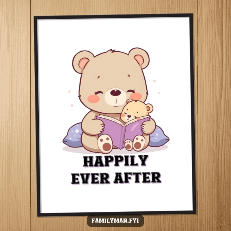 Funny happy bear cub reading a bedtime story to a tiny cub, high-resolution digital art.