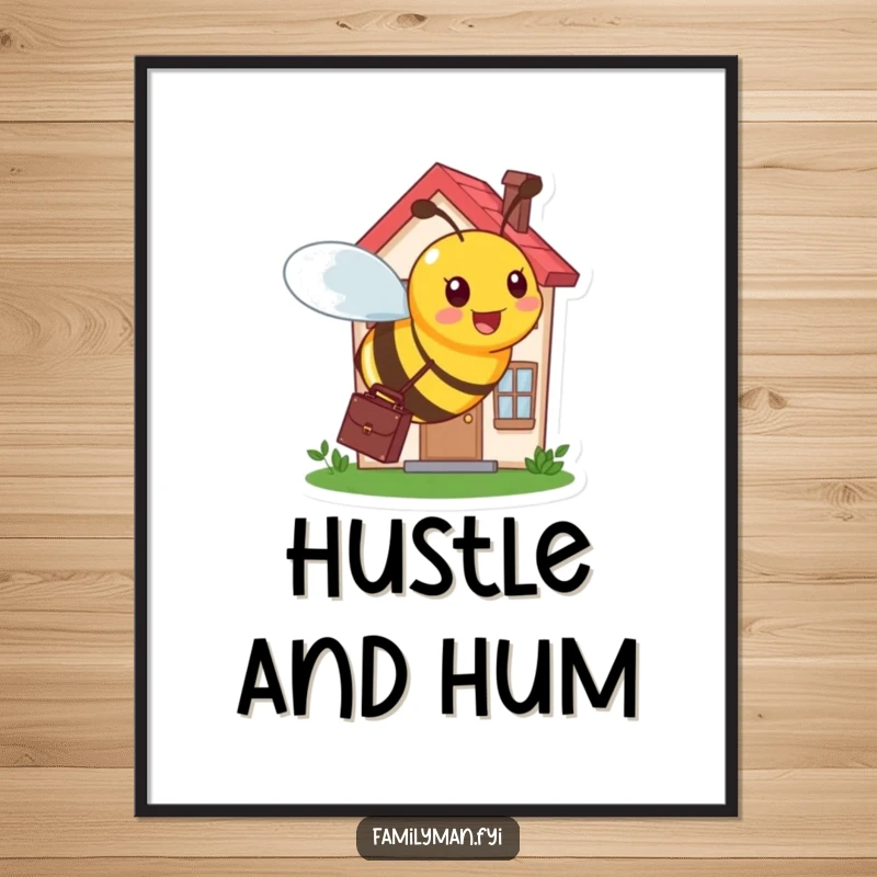 Funny digital art print of a busy bee with a briefcase, buzzing around a tiny, bustling house.