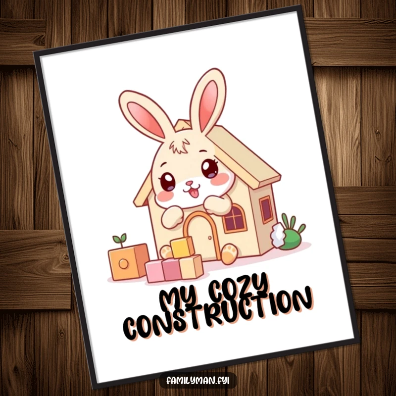 Funny playful bunny character building a house with blocks, as a digital art print.