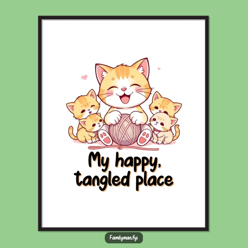 Funny Cat Yarn Digital Art: Printable Whimsy of a Playful Cat and Kittens, Gift