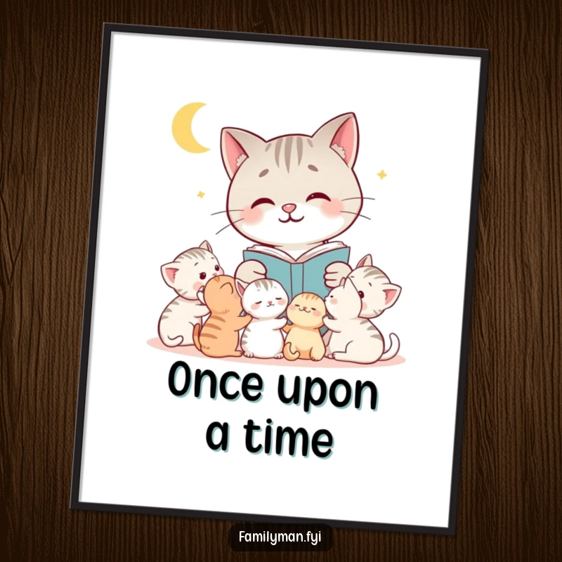 Funny cat digital art print of a mother cat reading a bedtime story to her attentive kittens, perfect for instant wall decor.