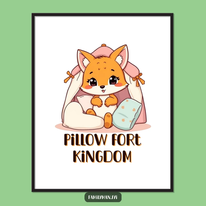 Funny Fox Cub Digital Art: Pillow Fort Charm, Printable Whimsical Wall Decor Gift