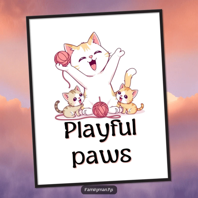 Funny Digital Art Print of a playful father cat character tossing a yarn ball for kittens, full of charm.