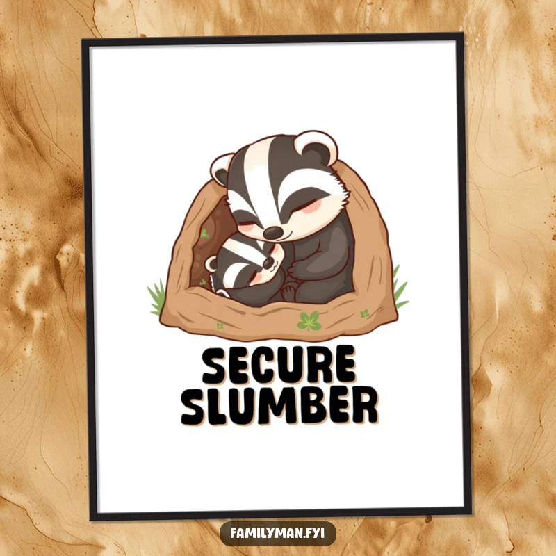 Funny Dad Badger Digital Art Print: A caring father badger character tucking his young into a cozy burrow, capturing paternal comfort.
