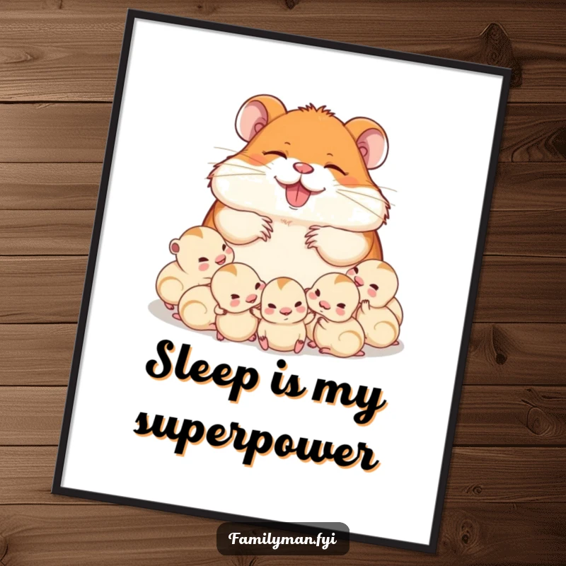 Funny delighted dad hamster napping surrounded by his babies, a digital art print. Captures cozy family moments with gentle, heartwarming humor.