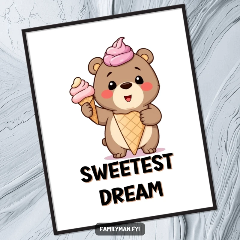 Funny Digital Art Print of a smiling bear cub proudly holding a giant, overflowing ice cream cone, ideal for sweet decor.