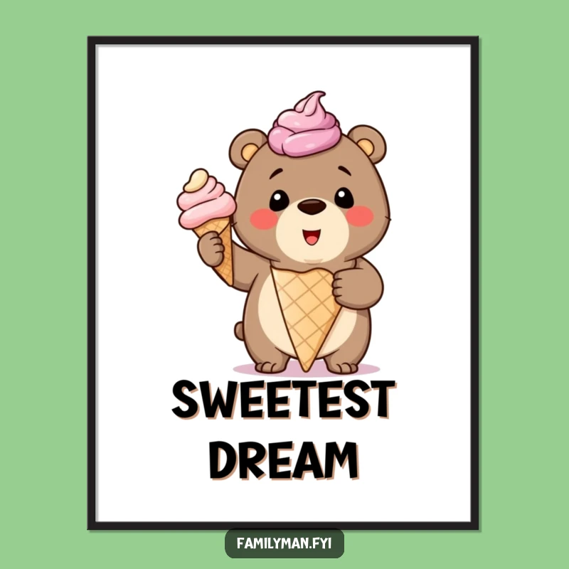 Funny Bear Cub Ice Cream Digital Print: Instant Sweetness for Your Walls!