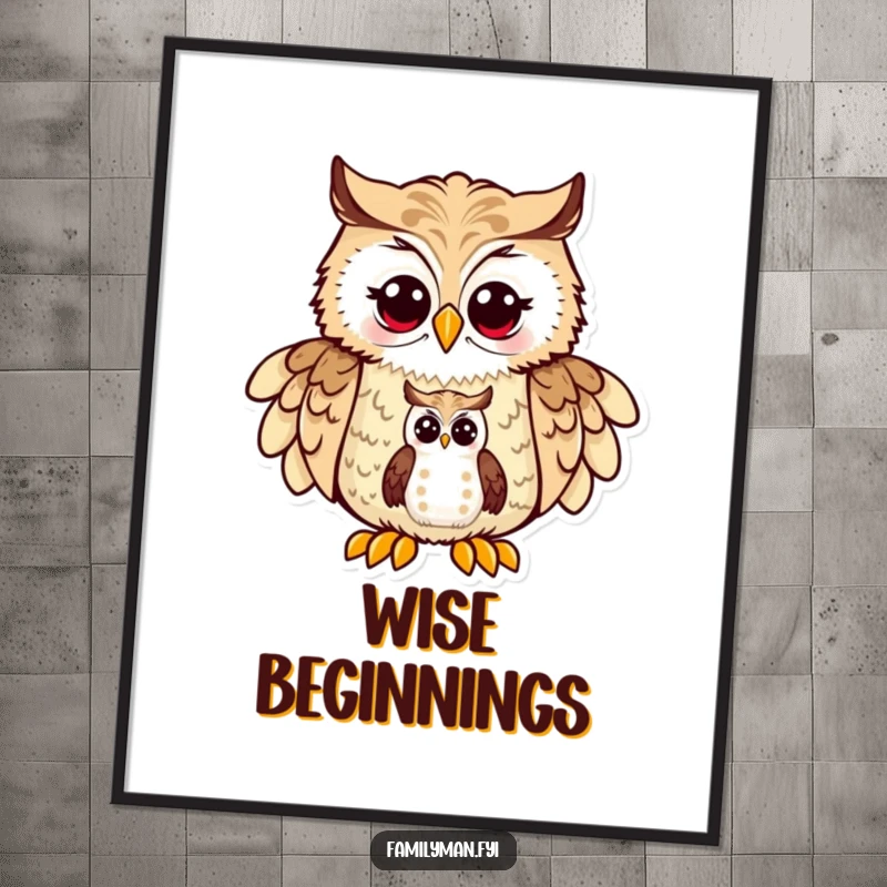 Funny Dad Owl Digital Art Print: A proud father owl character showing a map to his owlet, representing fatherly wisdom and guidance.