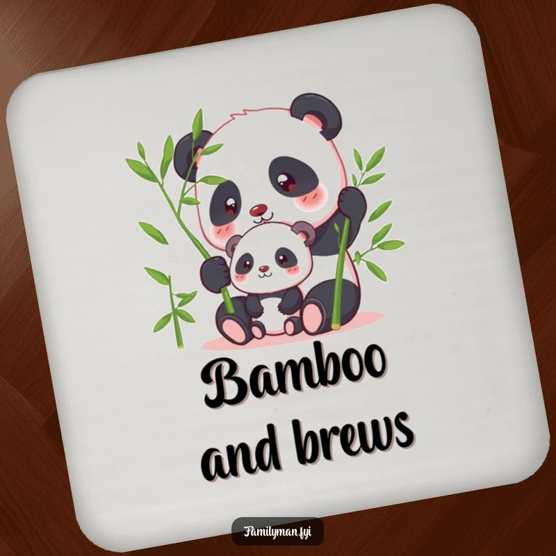 Funny panda coasters depicting a parent panda sharing bamboo with its offspring, adding humorous calm protection.