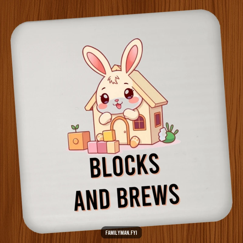 Funny playful bunny character building a house with blocks, on a drink coaster.
